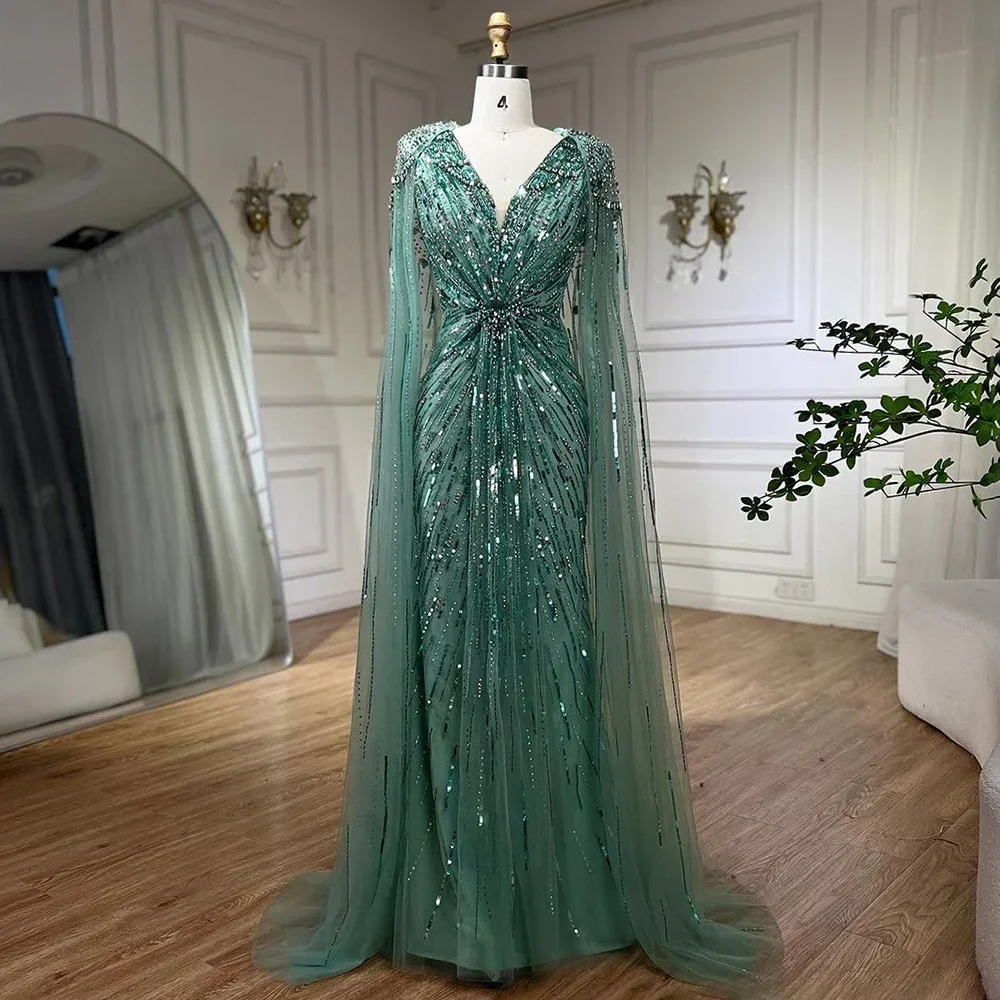 custom Mermaid Evening Dresses Gowns with Beaded  With Cape for Women's Wedding Party