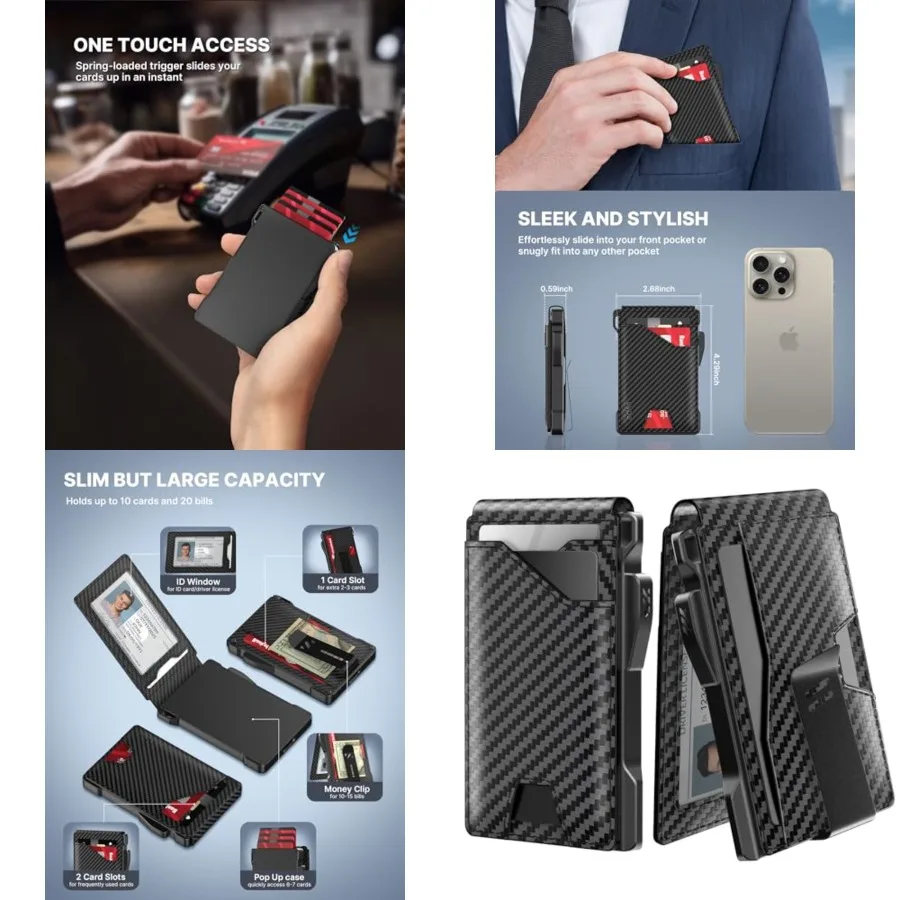 

Tactical Wallet for Men Card Holder: Pop Up Card Case, Genuine Leather, Smart, RFID Blocking, Slim, Minimalist, Thin, Front Poc