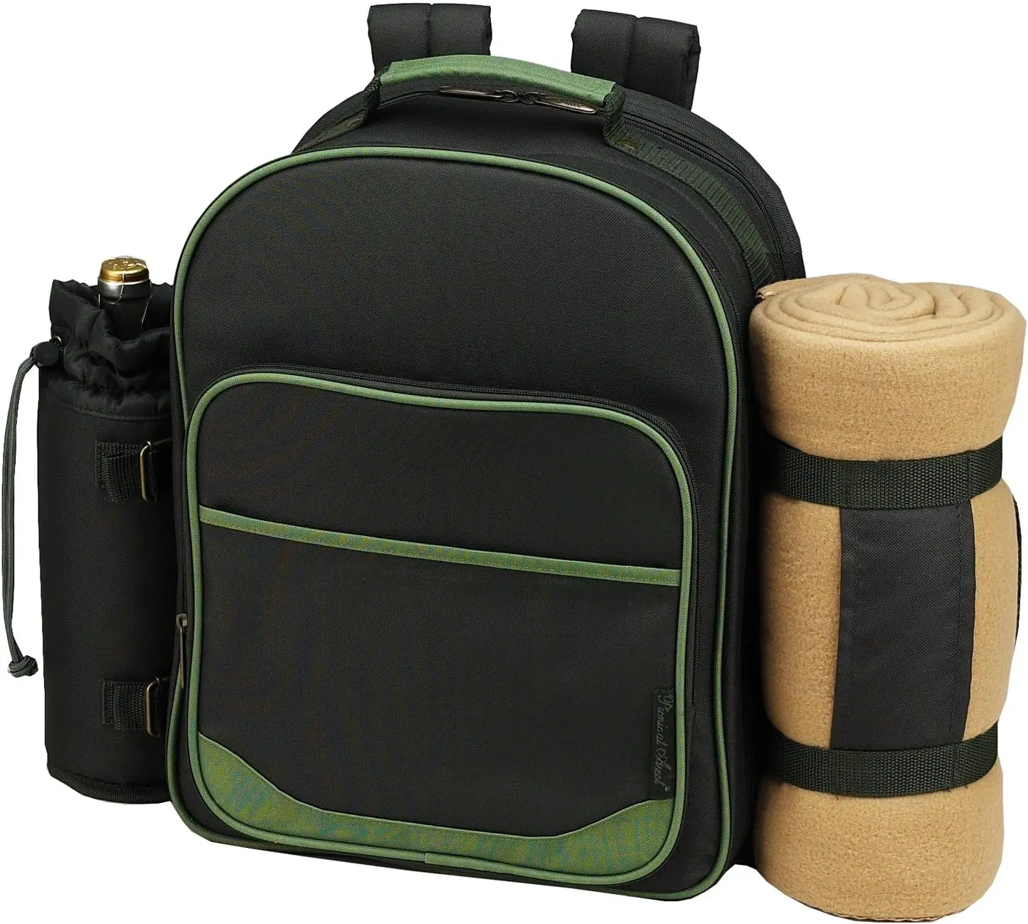 Eco Picnic Backpack with Cooler, Insulated Wine Holder & Blanket - Forest Green