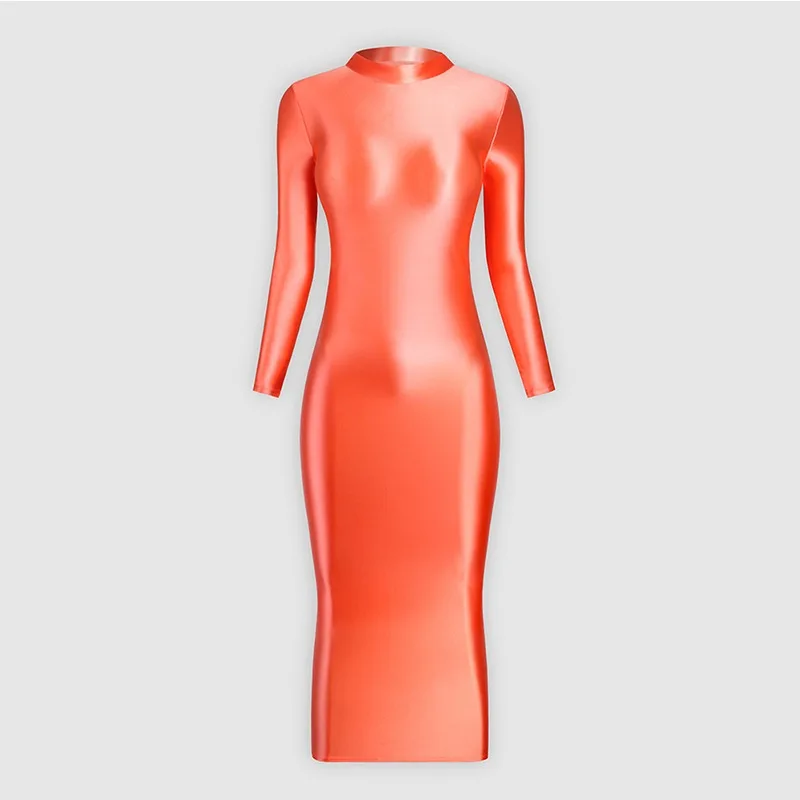 فستان مثير لامع ولامع عالي الخصر مع قماش مرن وناعم، تنورة من قطعة واحدة، بلوزة طويلة، فستان طويل