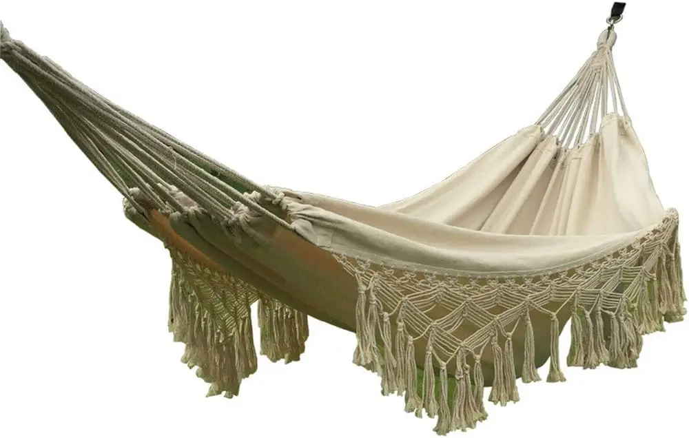 Handmade Cotton Hammock with Crochet Fringe for Indoor Outdoor Boho Style Natural White