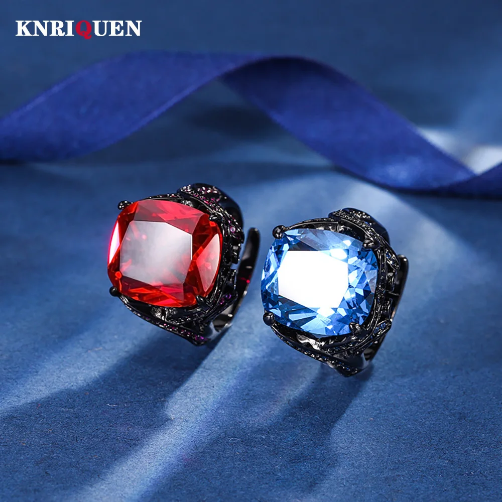 

Luxury Vintage 14*16MM Ruby Sapphire Ring Gemstone Cocktail Party Fine Jewelry Ring for Women Female Accessories Bithday Gifts