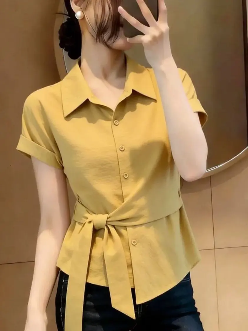 

Желтая женская рубашка в горошек с коротким рукавом, модная, с поясом, дышащая, повседневная, для полных женщин