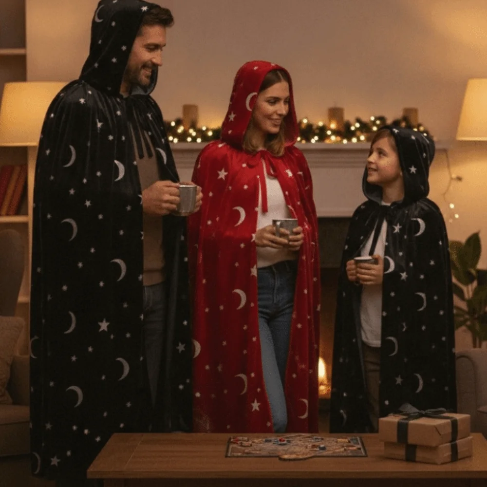 Tie Up Closure Velvet Hooded Cloak Foil Printed Flowy Drape Gothic Party Apparel with Hood Wrinkle Resistant Costume Robe