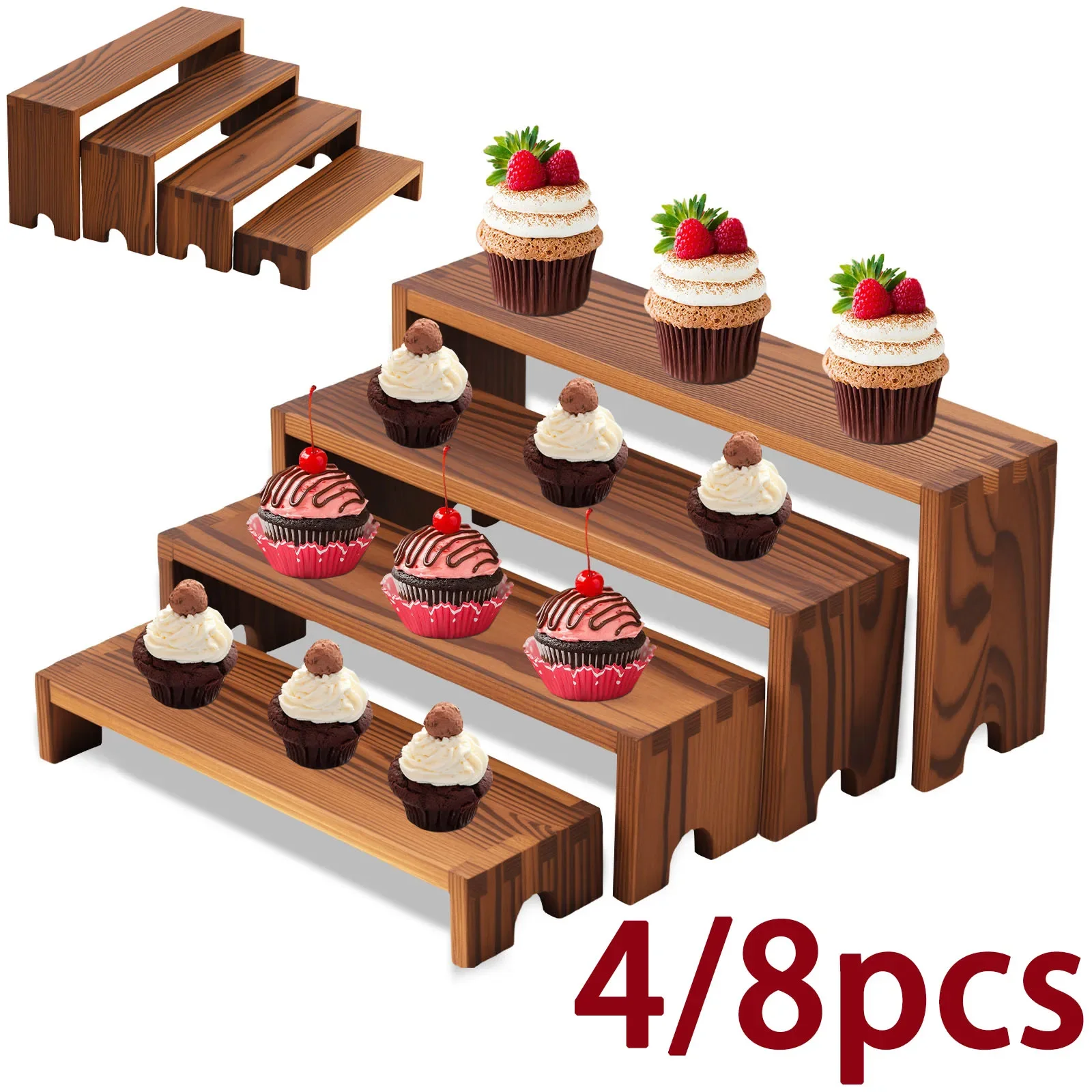 4/8Pcs Wood Riser Display Stand Stackable Cupcake Stand 4 Tier Nestable Rectangular Decorative Rack for Handicraft Collectible