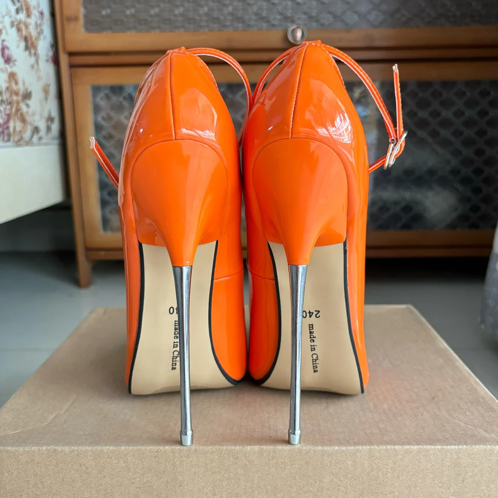 Super High Heels 16cm Stilettos Sexy Women Oange Dress Shoes Pumps Ankle Strap Fetish Party Unisex Man Shoes Big Szie 44 45 46