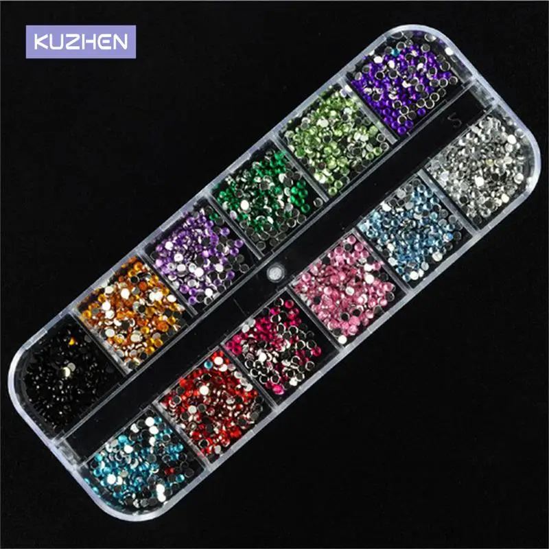 12 Colors 1200Pcs/lot Round Rhinestones Hard Case Nail Art Tips Stickers Acrylic Uv Gel Nail Decal Decor Makeup Tool 2MM