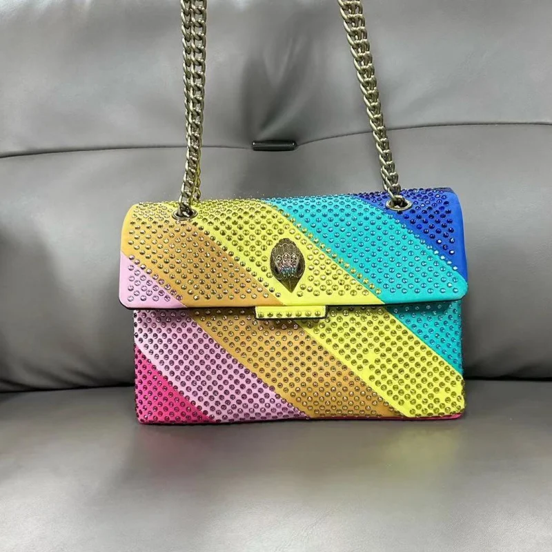 KURT GEIGER LONDON Fashion Bag for Women Luxury Designer Set with Diamonds Rainbow Striped Chain Single Shoulder Crossbody Bags