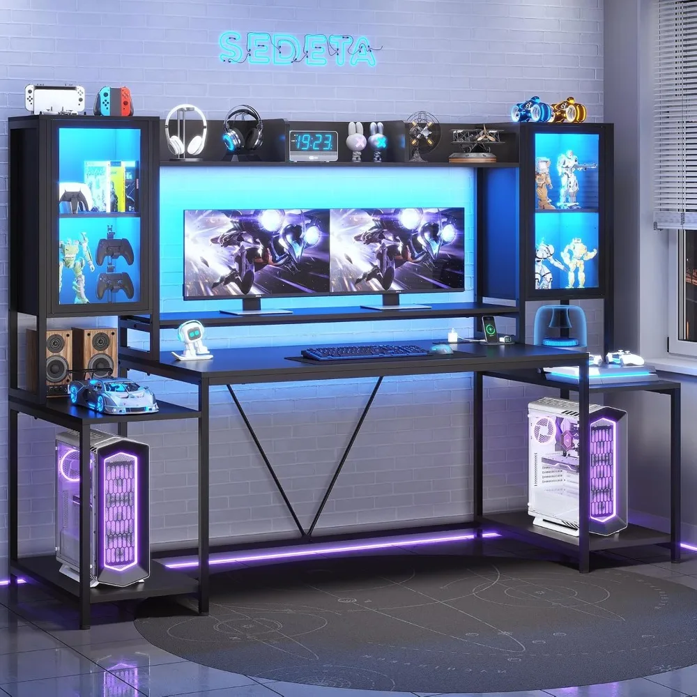 

Gaming Desk 74.8'' with LED Lights, Hutch and Storage Shelves, Computer Desk with Monitor Stand, Large PC Gamer Desk Workstatio