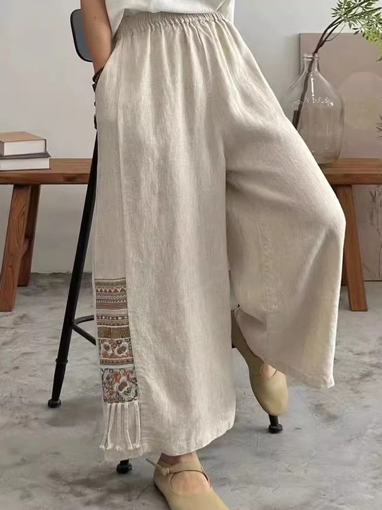 

White Classic Cotton Linen Pants for Women 2024 Summer Ankle Wide Leg Trousers with Embroidery New Women's Capri Oversize Pants