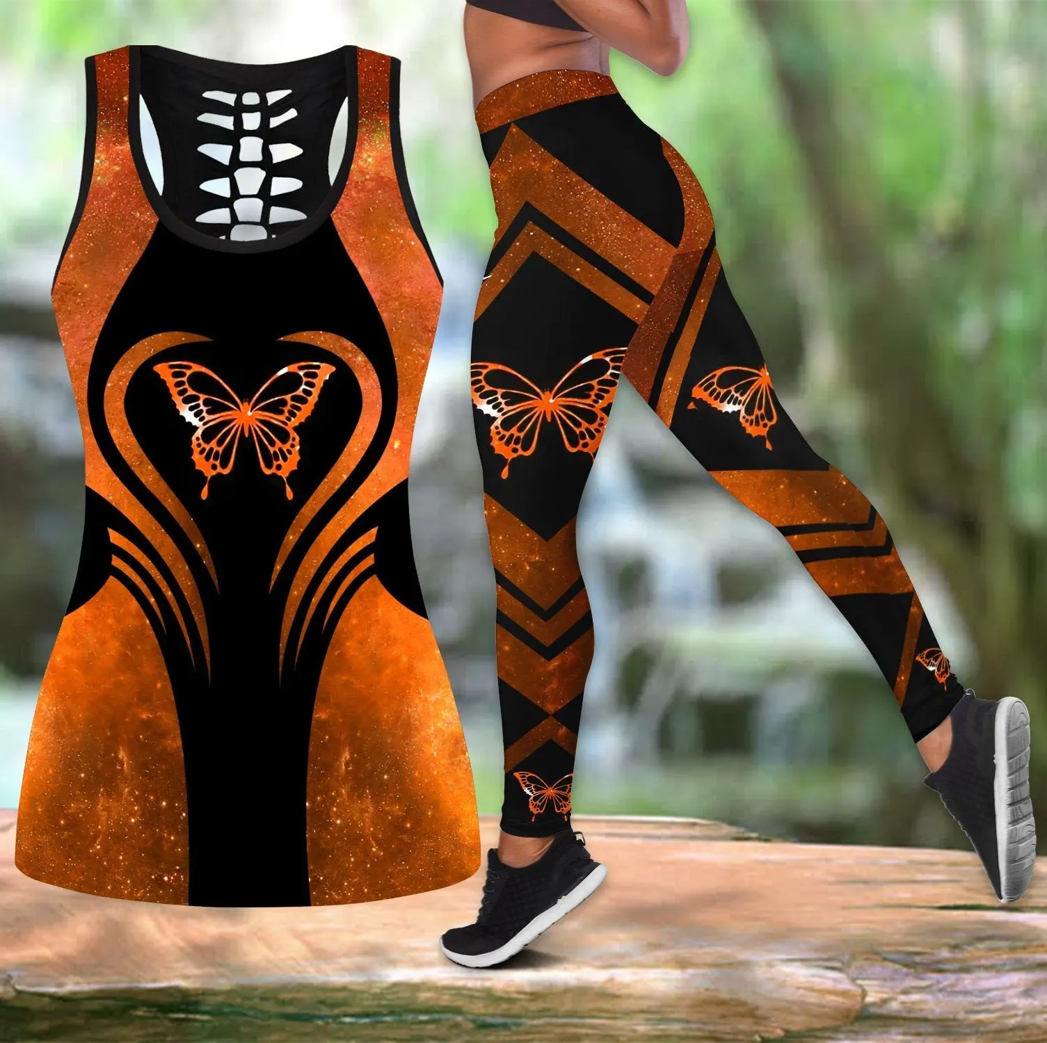 PLstar Cosmos Butterfly Flowers 3D Print Hollow Tank Top And Leggings Set for Women Full Length Fitness Yoga Running Pants KBX06