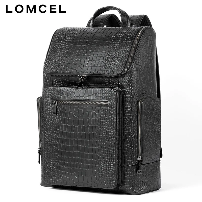 LOMCEL 27 New men's double-shoulder backpack, top-grade cowhide with crocodile pattern, travel and business computer backpack
