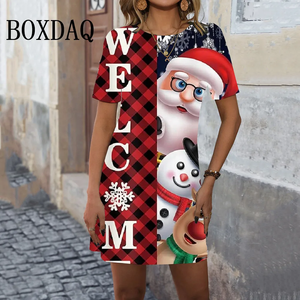 Christmas Snowflake Pattern Women Fashion Dress Short Sleeve 3D Printed Street Christmas Party Mini Dress Loose Casual Clothing