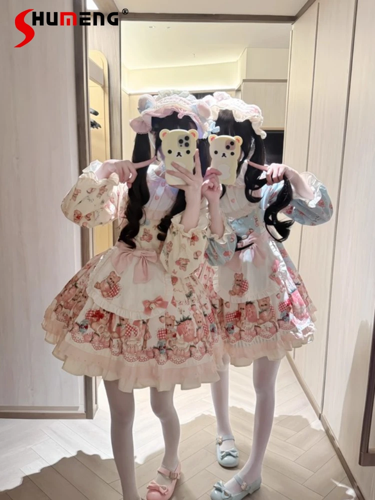 

Original Japanese Style Cute Sweet Girl Doll Collar Long Sleeve Bow High Waist Cartoon Print Kawaii Lolita Short Dress for Women