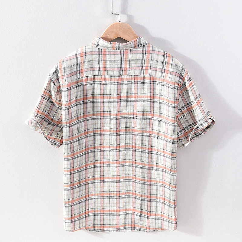 Square Collar Plaid Men's Casual Shirts Summer Trendy Linen Short Sleeved Shirts Youth Soft Slim Breathable Moisture Wicking Top