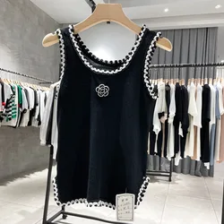 2022 Spring and Autumn New Women's Knitted Vest Lady Design Feeling Slim Sleeveless Girls Suspender Top  Black