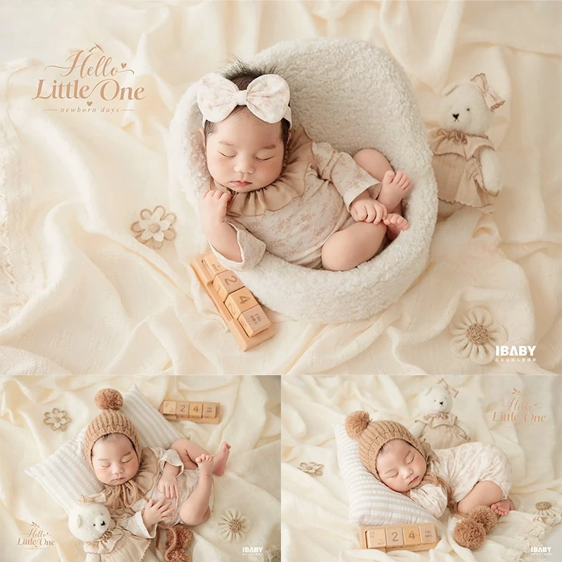 Newborn Baby Girls Photography Props Cute Ins Style Theme Outfit with Knitted Hat Tassel Blanket Calender Decor for Studio Phot