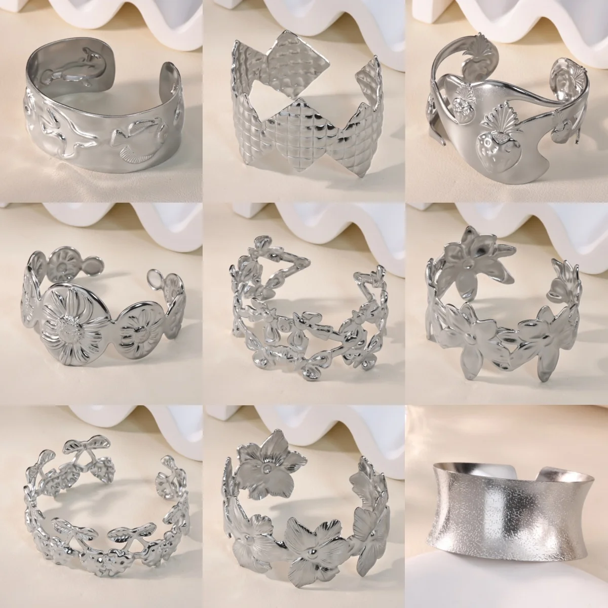 Diamantförmiges geometrisches Damen-Armband aus Edelstahl mit Blumen-Patchwork-Schmuck, Party-Armbänder, kostenloser Versand