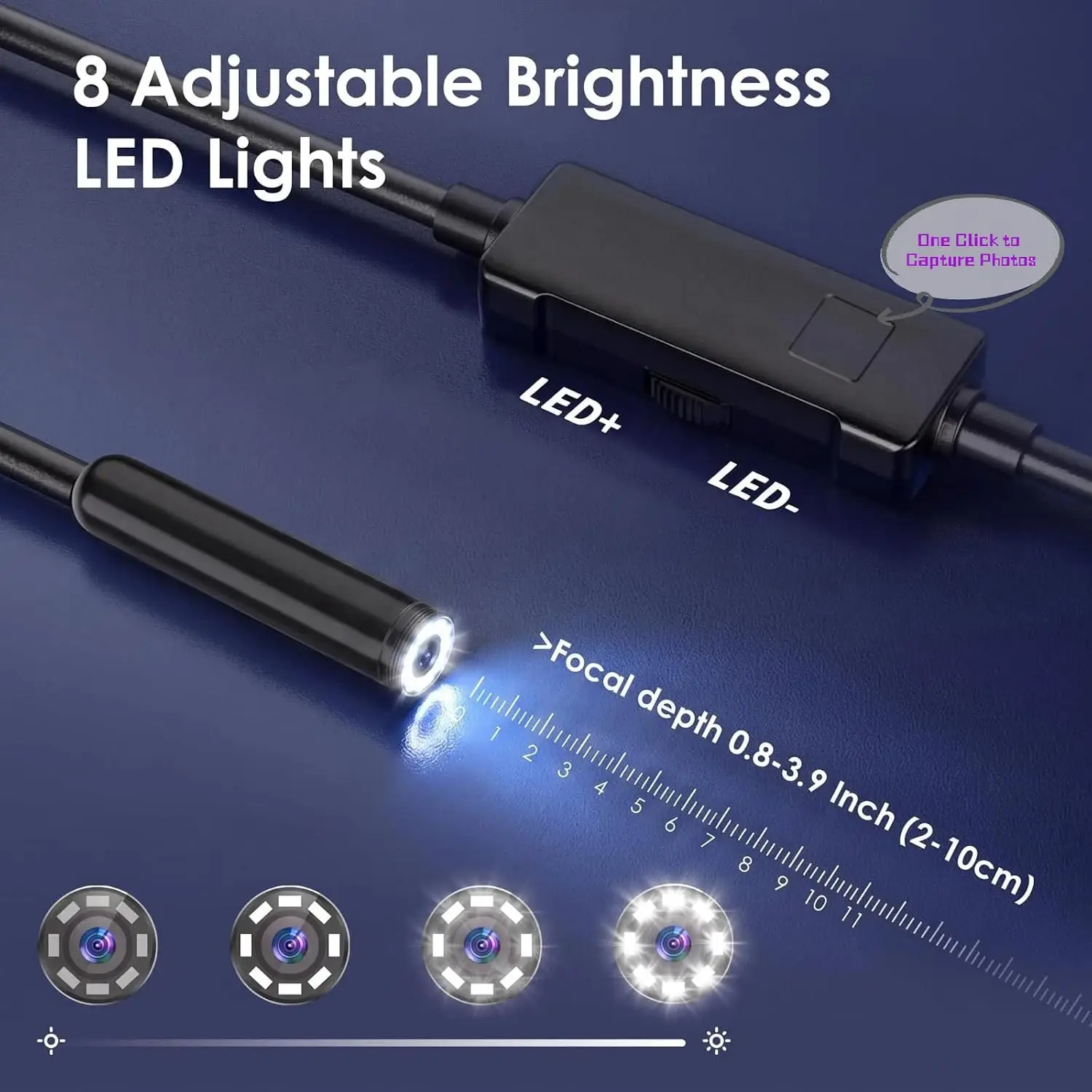 1920P HD Single-Lens Endoscope, IP67 Waterproof 8mm Borescope with 8 Adjustable LED, 5M Rigid Snake Cable for IOS Android