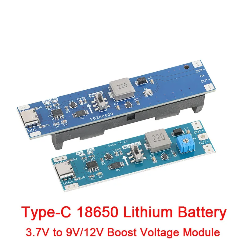 3.7V to 9V 12V Type-C 18650 Lithium Battery Boost Step Up Module Adjustable Charging Discharging Integrated Charge Board 4.2V 2A
