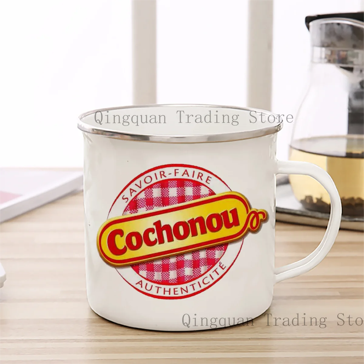 Cochonou  Enamelled cup Coffee Mug 11oz Ceramic Coffee Tea Cocoa Cup Handle Tea Drink Cup