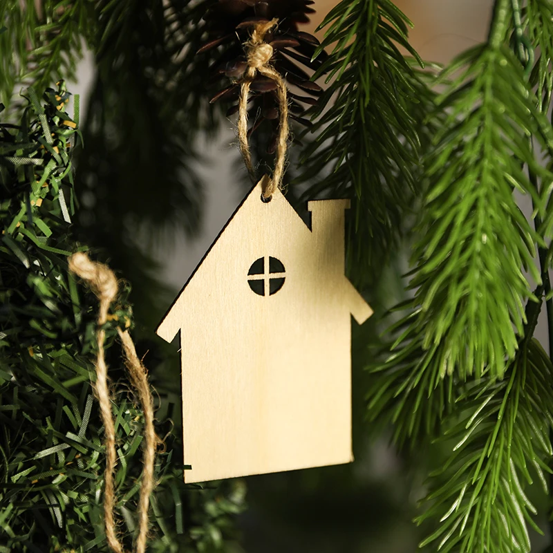 10pcs Christmas House Wooden Pendant Ornaments Xmas Tree Hanging Decoration DIY Wood Chip Crafts For Home New Year Party Navidad