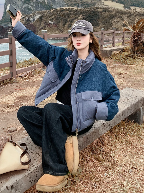 여성용 오르트 퍼퍼 재킷 화이트 듀 다운 스탠드 칼라 컬러 블록 디자인 겨울 따뜻한 아우터웨어 출퇴근용 루즈핏