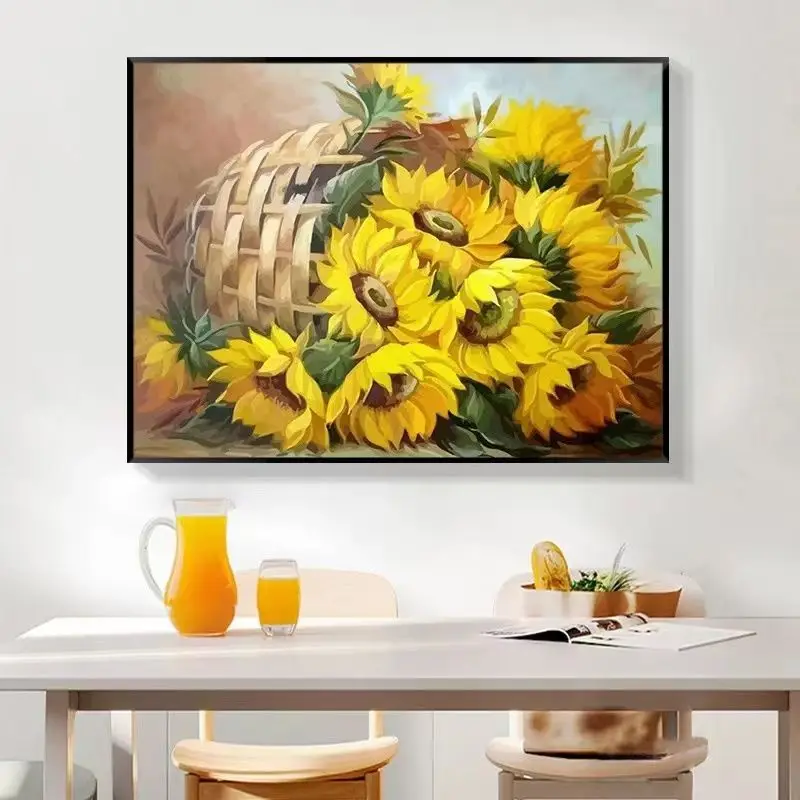 Handmade cross stitch finished product with a basket of sunshine sunflower vases, new living room, bedroom decoration, hanging