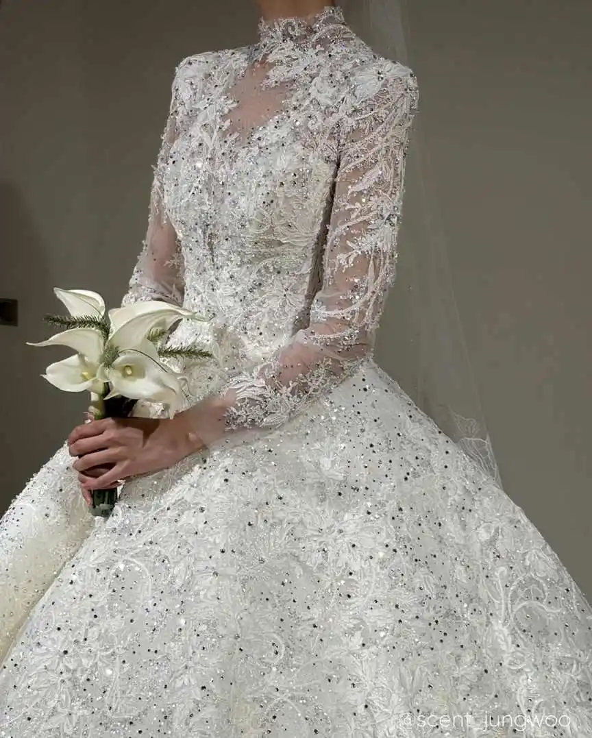 Luxus Ballkleid Brautkleider Applikationen Pailletten Volle Hülse Zipper Brautkleid Kathedrale Zug Vestido De Noiva Angepasst