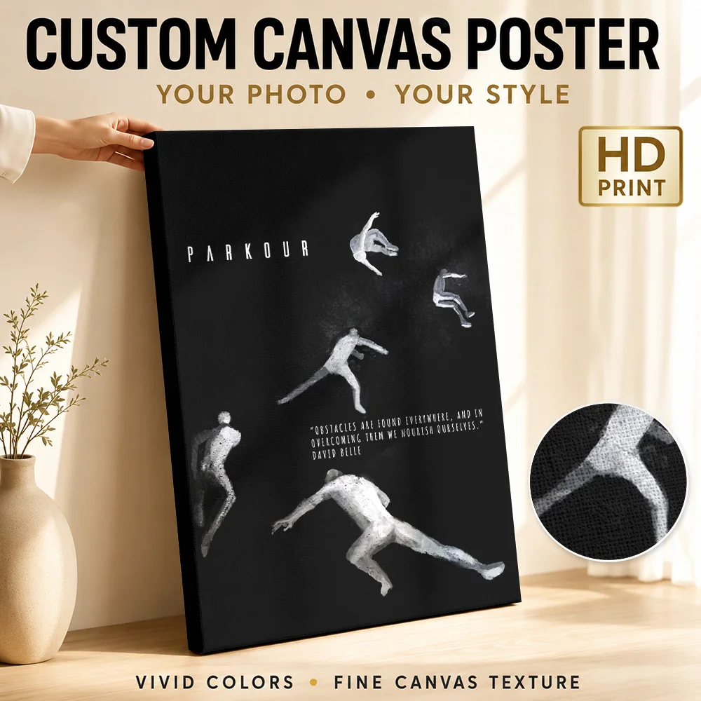 Parkour Figures In Motion Canvas Poster Customized Photo Modern Graphic Composition Wall Art For Workout Room, Sports Fan Gift
