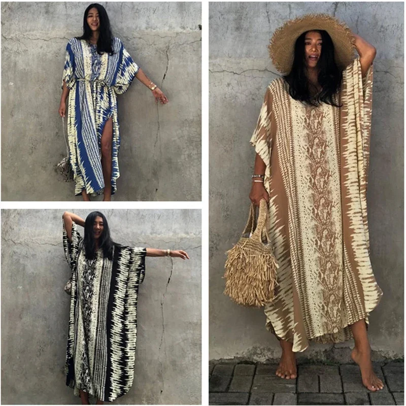 

New Cover-ups Beach Print Swimsuit Cover Up Boho Beach Robe Femel Long Dress Sarong Dress Beachwear Autumn Casual Dresses