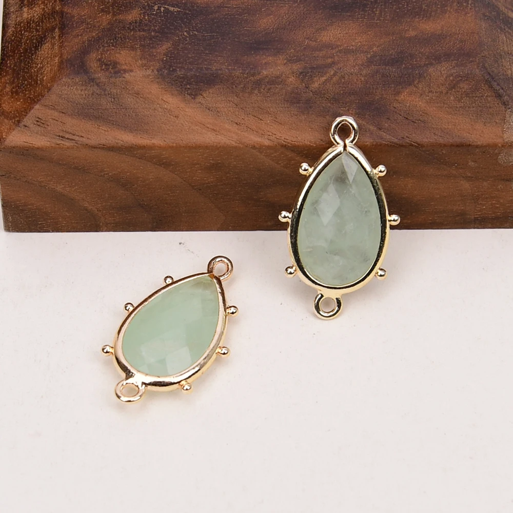 10 Pcs Natural Green Quartz Pear shaped Connector Trim Double Rings Jewelry Finding DIY
