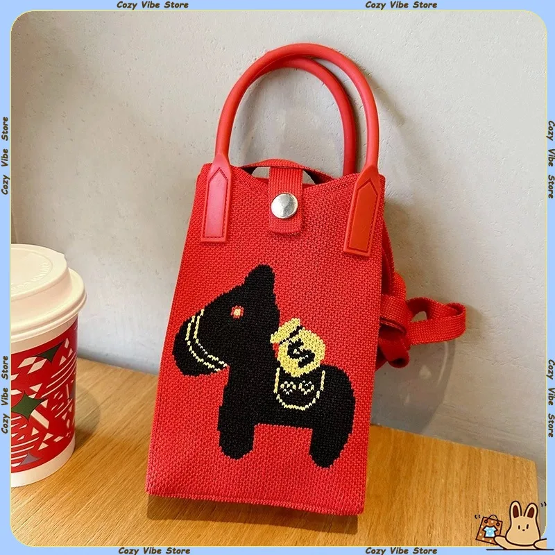 

2026 Lunar New Year Red Crossbody Mini Bags Knit Horse Pattern Fortunate Envelope Festive Lucky Small Shoulder Phone Coin Purse