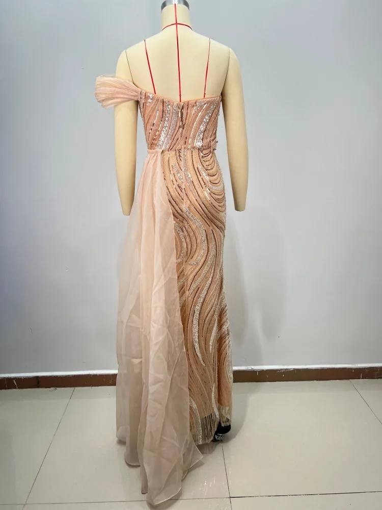 Fashion Sexy Beige One-Shoulder with Sequins & High Slit Maxi Dress for Date Night Dinner Gala Gown