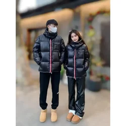 Moncl * r cor sólida à prova de vento colheita puffer jaqueta unisex inverno grosso estilo curto 90% branco ganso para baixo jaqueta casacos das mulheres