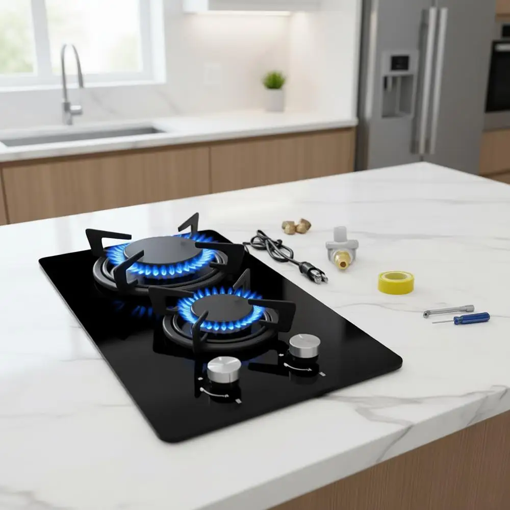 

Двухконфорочная газовая плита на пропане с двумя источниками питания и закаленным стеклом для использования в помещении