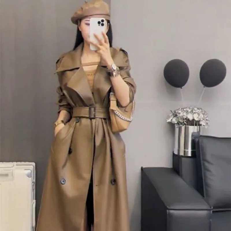 Senior Black Trench Coat Long Retro 2024 New Pu Leather Coat British Temperament Coat Loose and Thick Warm Simple Fashion