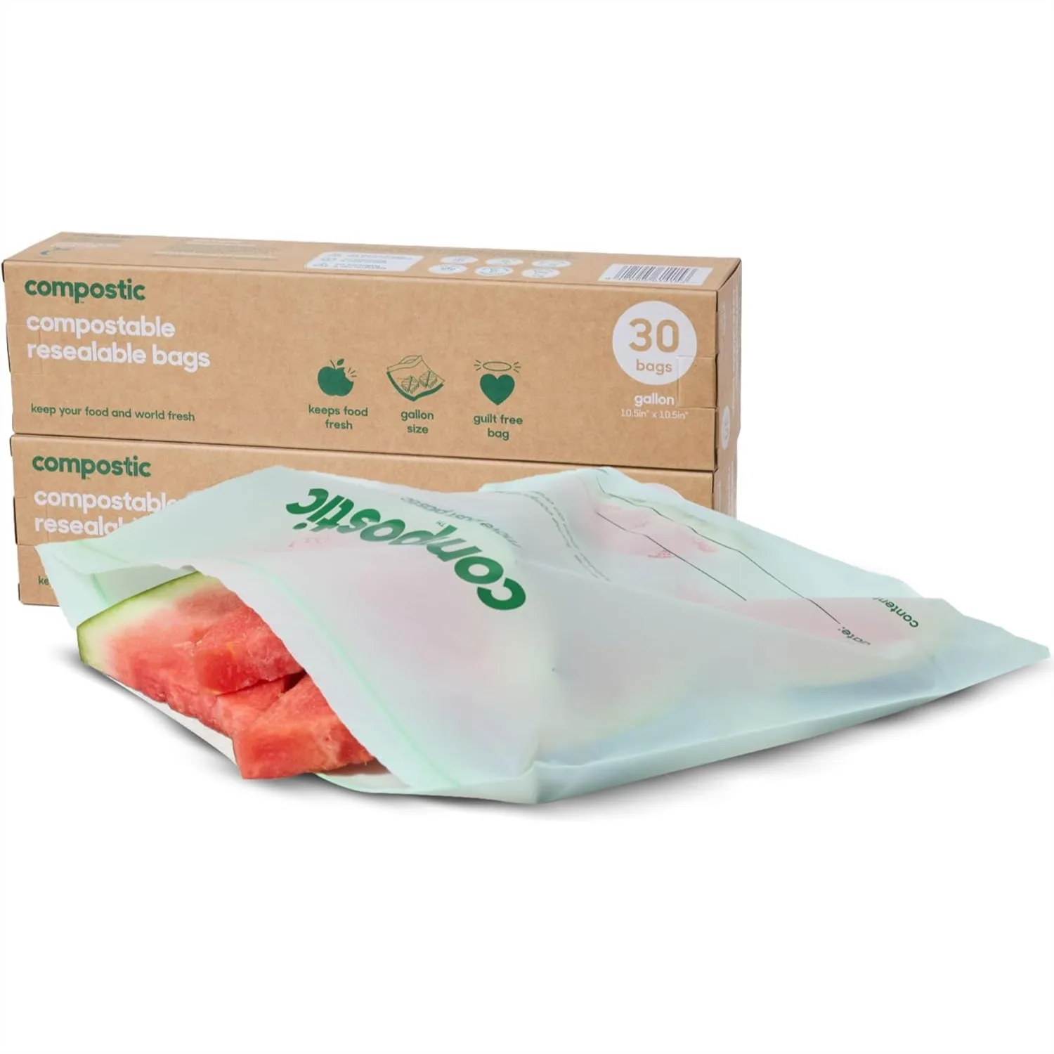 Compostable Gallon Bags, Resealable, Microwave & Freezer Safe, Organic Food Storage, 60 Count