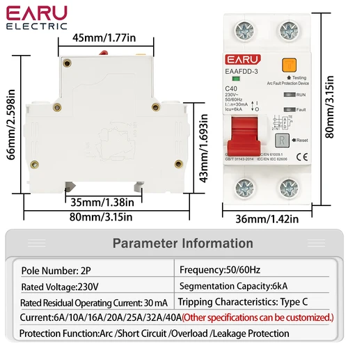 Imagen 2 del producto Dispositivo Protector de fallos de arco AFDD AFCI 2P 40A, disyuntor RCBO MCB, sobrecarga interrumpida, fuga a tierra, protección contra cortocircuitos