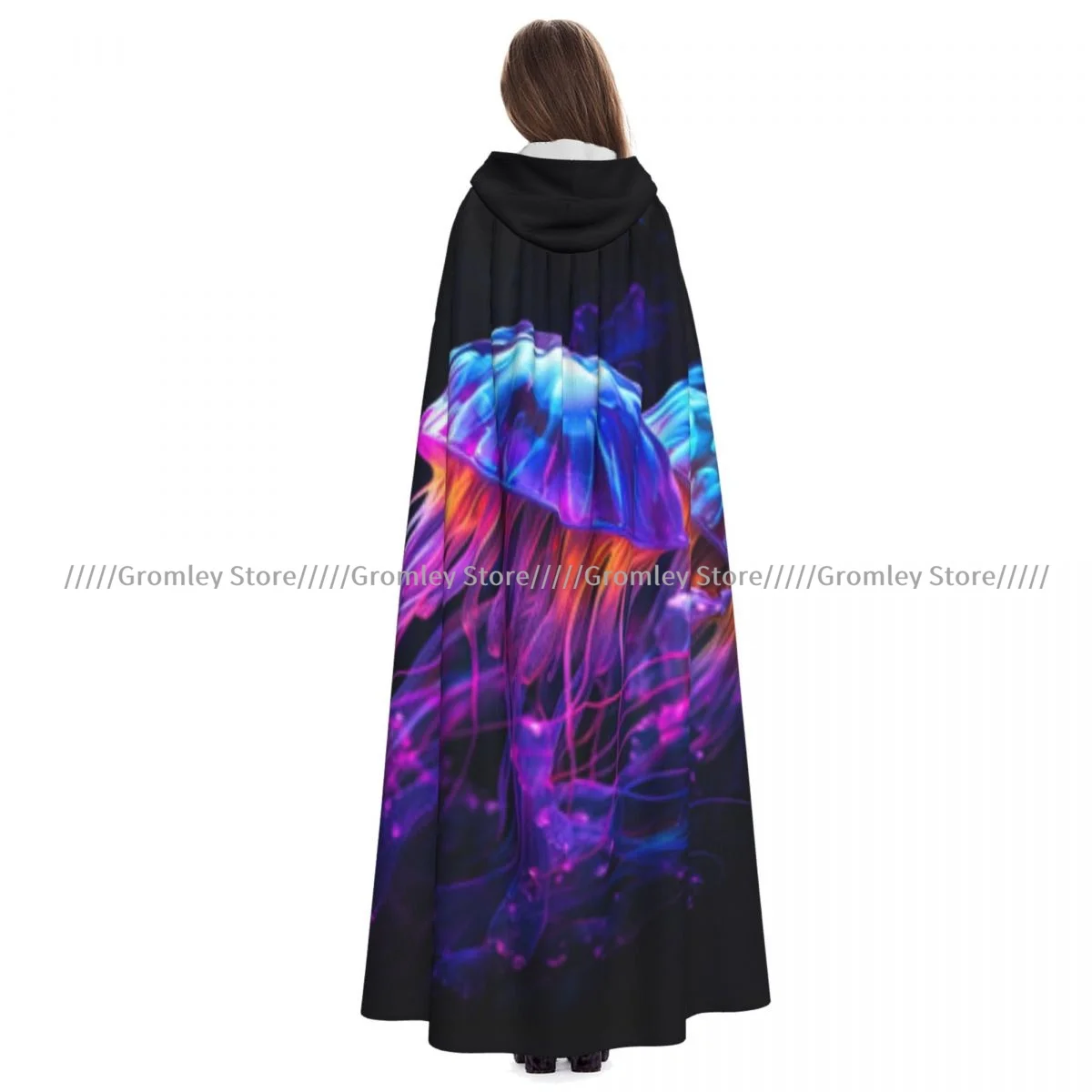 Witch Long Hooded Robe Jellyfish Print Halloween Cloak Cosplay Costumes for Adult