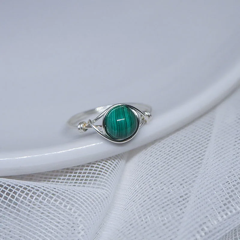 Natural Malachite Beads Rings Lapis Lazuli For Women Handmade Silver Gold Plated Metal Wire Weaved Finger Ring Jewelry Girl Gift