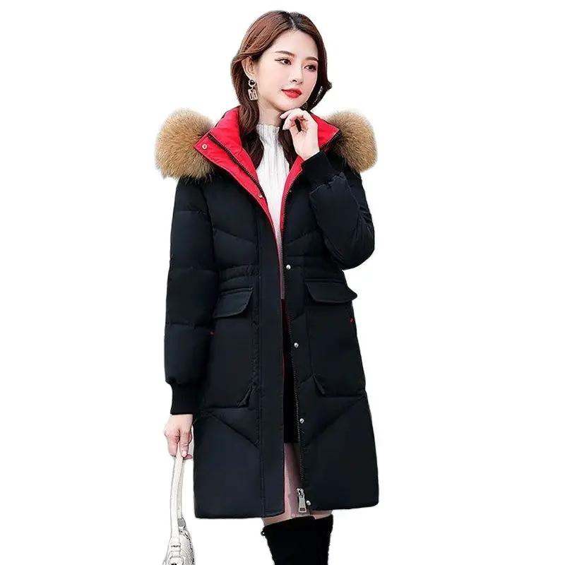 White Duck Down  Women's Mid-length Coat Fashion Hooded Loose Big Fur Collar Black 2022 Winter New Temperament Coat Women