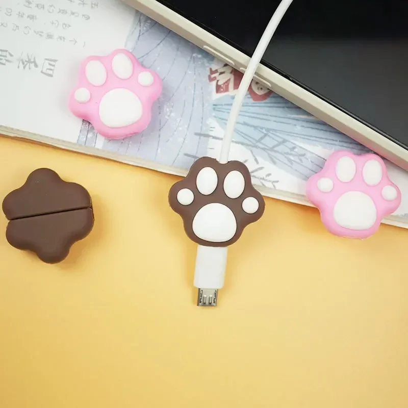 2pcs Cute Cat Paws Cable Winder Protector for iPhone Kawaii Pink Desktop Wire USB Cable Charger Cable Organizer Protector