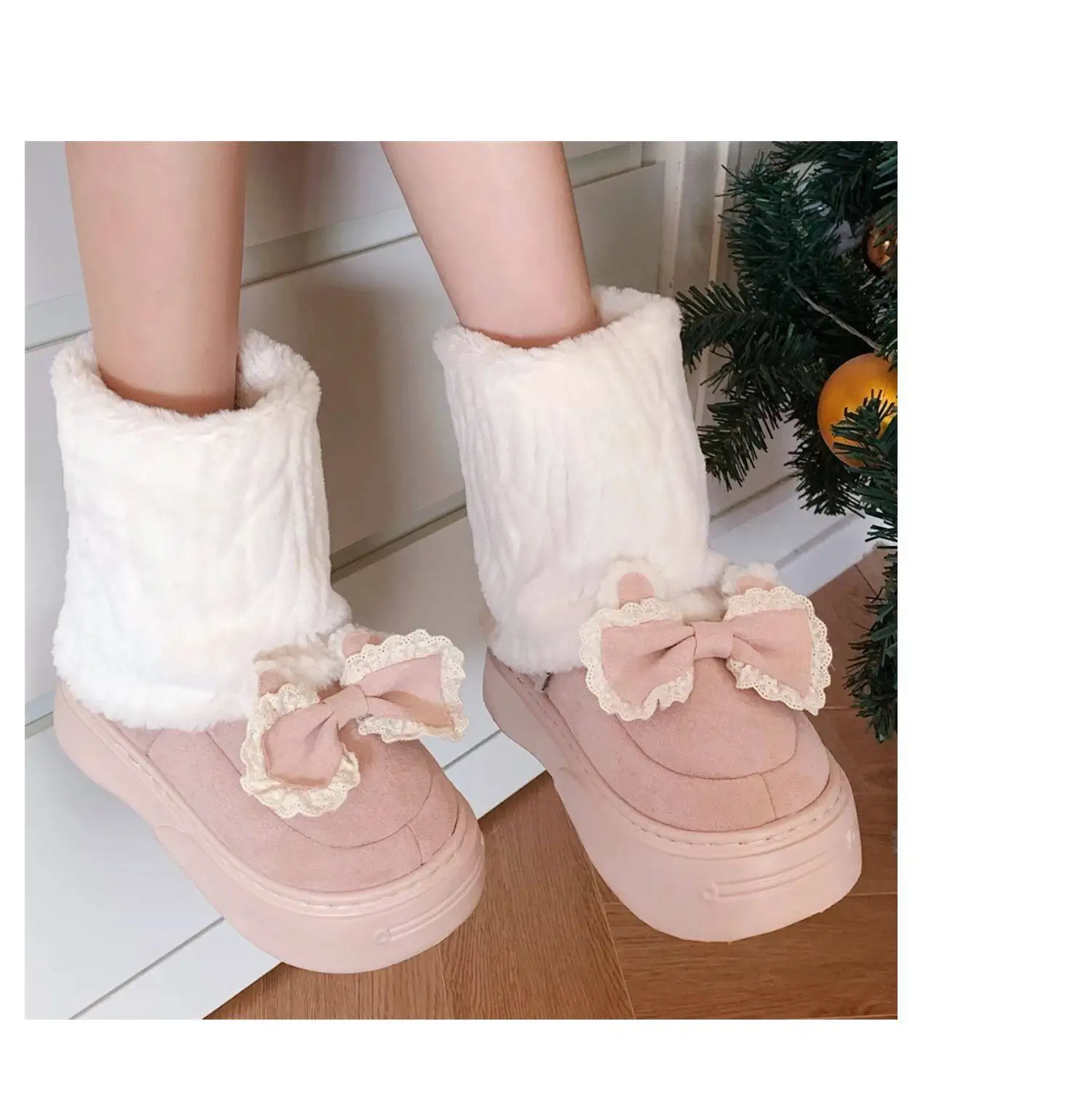 

Термокороткие сапоги в стиле японской Лолиты, милые кружевные разноцветные зимние сапоги с бантом и мультяшным медведем, зимние универсальные хлопковые сапоги на толстой подошве