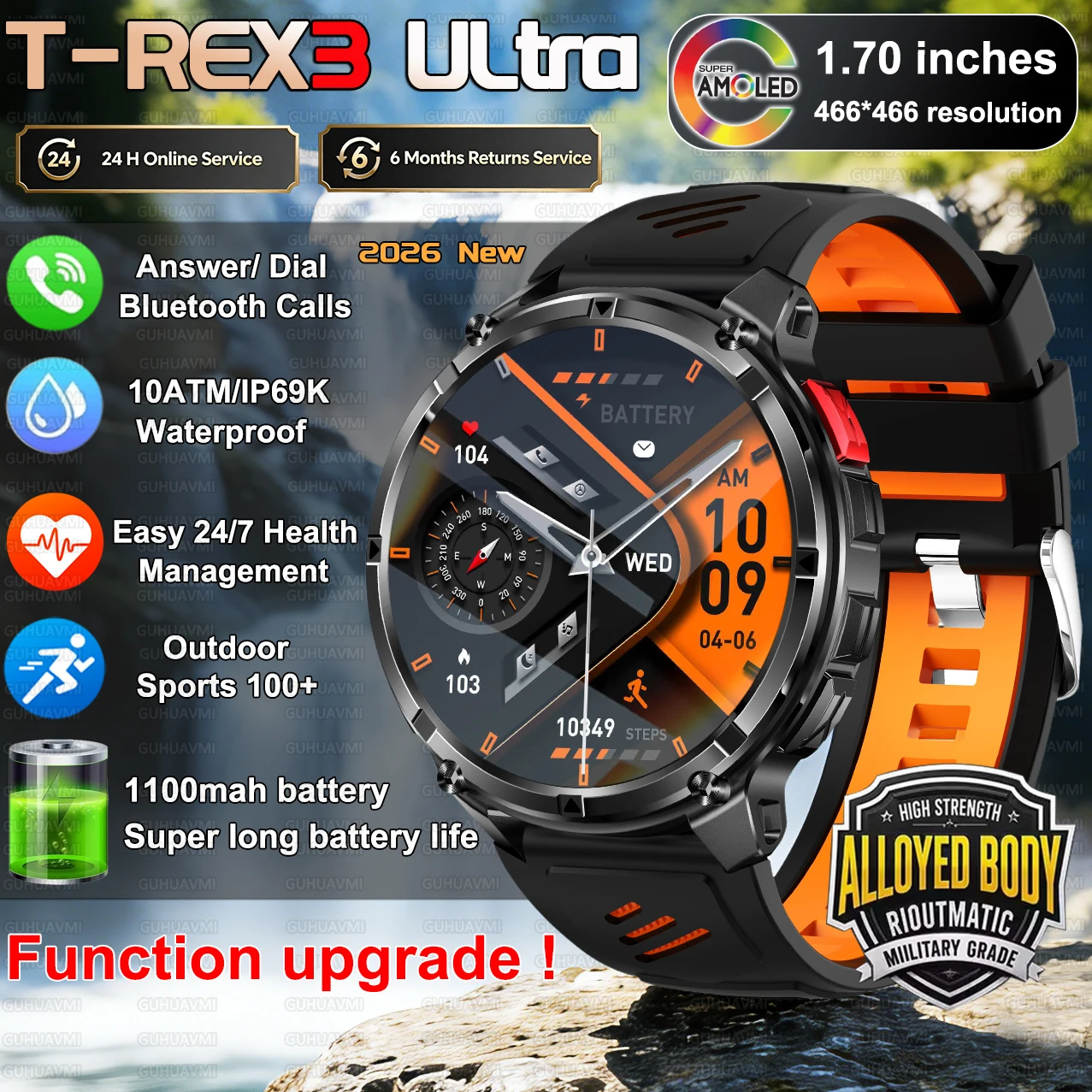 

2026 New Military T-REX3 Smart Watch 1100mah battery Compass Altimeter Barometric 10ATM Waterproof AMOLED Call Sports watch Men