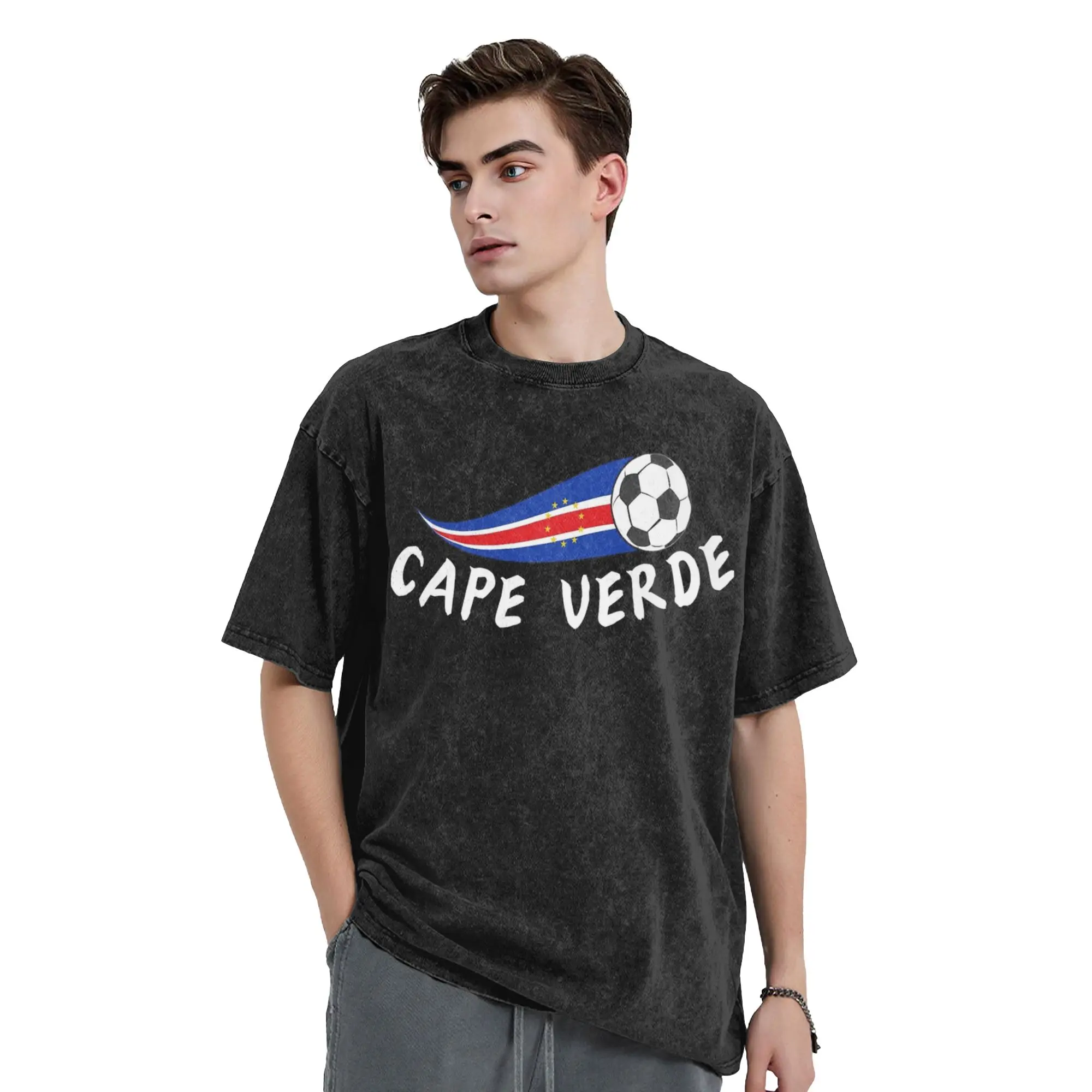 Cape Verde Flag Cabo Verde Soccer Ball Washed T Shirts Streetwear  Retro T-Shirt  Tees for Men Women Short Sleeve Printed