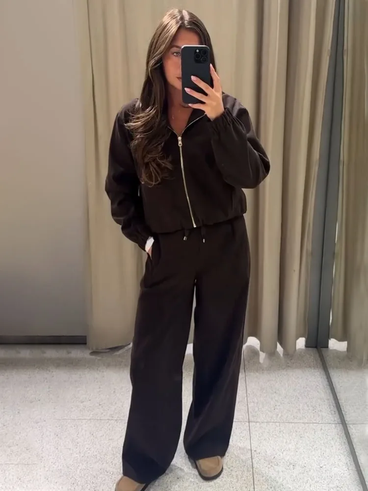 HH المرأة شيك التلبيب كم طويل جيوب طيات الديكور معطف قصير + حزام خصر مرن الصلبة فضفاض بنطلون موضة 2 قطعة مجموعة #2