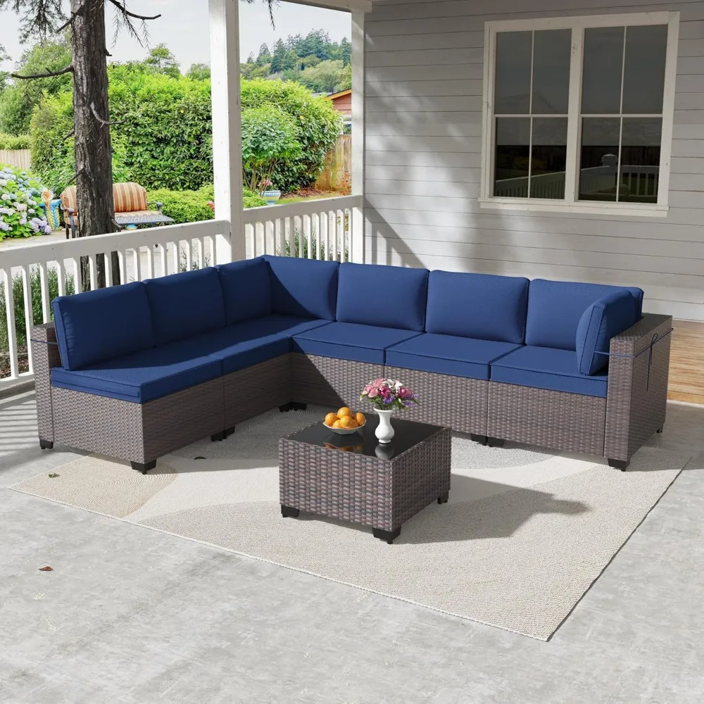 

Набор мебели для патио из 7 предметов, секционный диван из плетеного ротанга из полиэтилена, наборы для бесед в патио со столом из закаленного стекла, темно-синий Blu