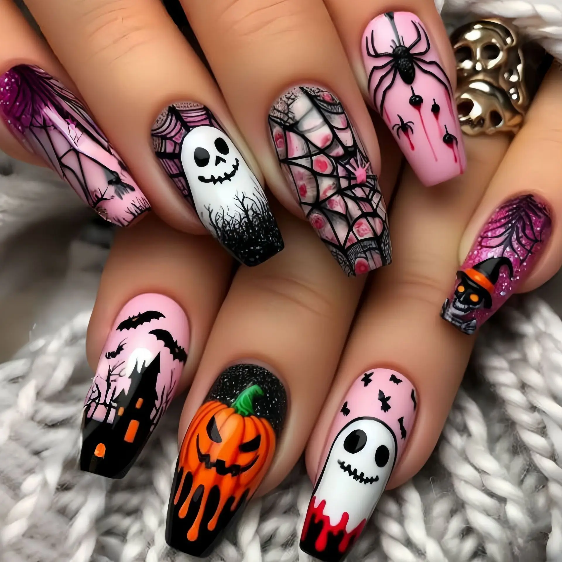 

24pcs Wearable Press on Nails Tips Pumpkin Phantom Design Mid-length Ballet False Nail Art Halloween Pink Coffin Fake Nails Sets