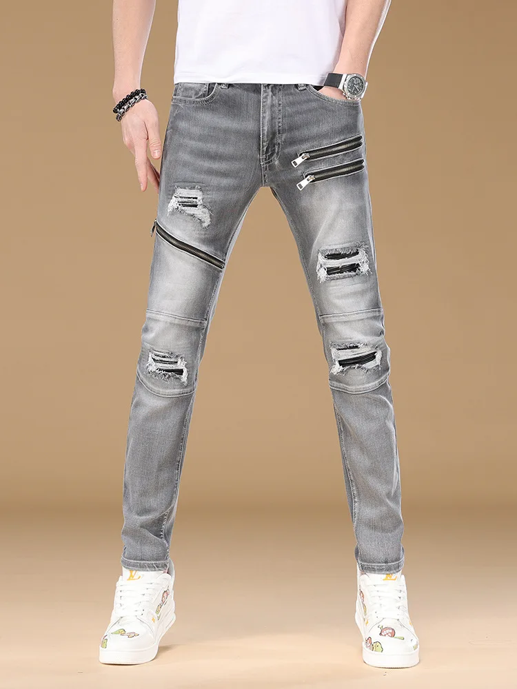 

Весна и осень 2024, новые мотоциклетные джинсы, мужские облегающие длинные брюки для пирсинга ног, модные брендовые модные персонализированные длинные брюки